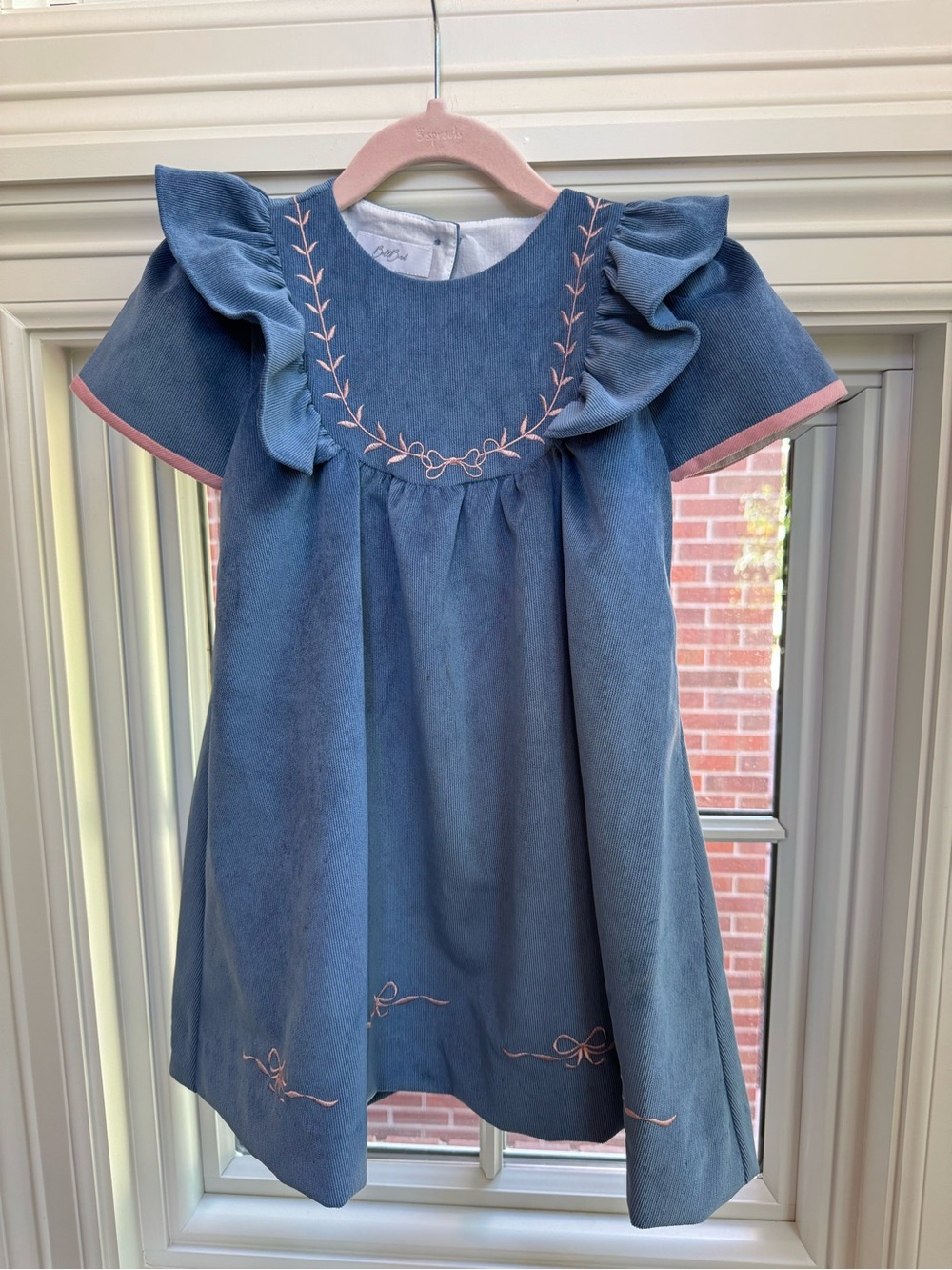 Bell Bird Blue Girls Ruffle-Sleeve Dress with Pink Embroidery
